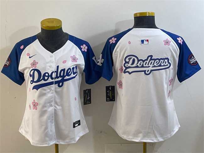 Womens Los Angeles Dodgers Team Big Logo White Royal 2025 Tokyo Series Limited Stitched Jersey